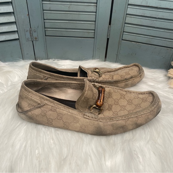 Gucci GG Logo Bamboo Horsebit Driving Loafers Size 12 Brown & Tan - Picture 3 of 9